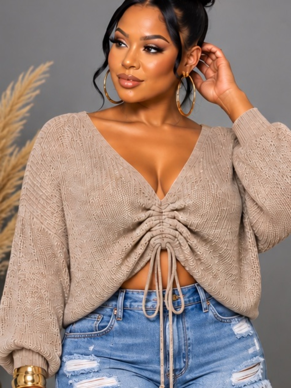 SHEIN Beige Ruched Drawstring V-Neck Cropped Sweater